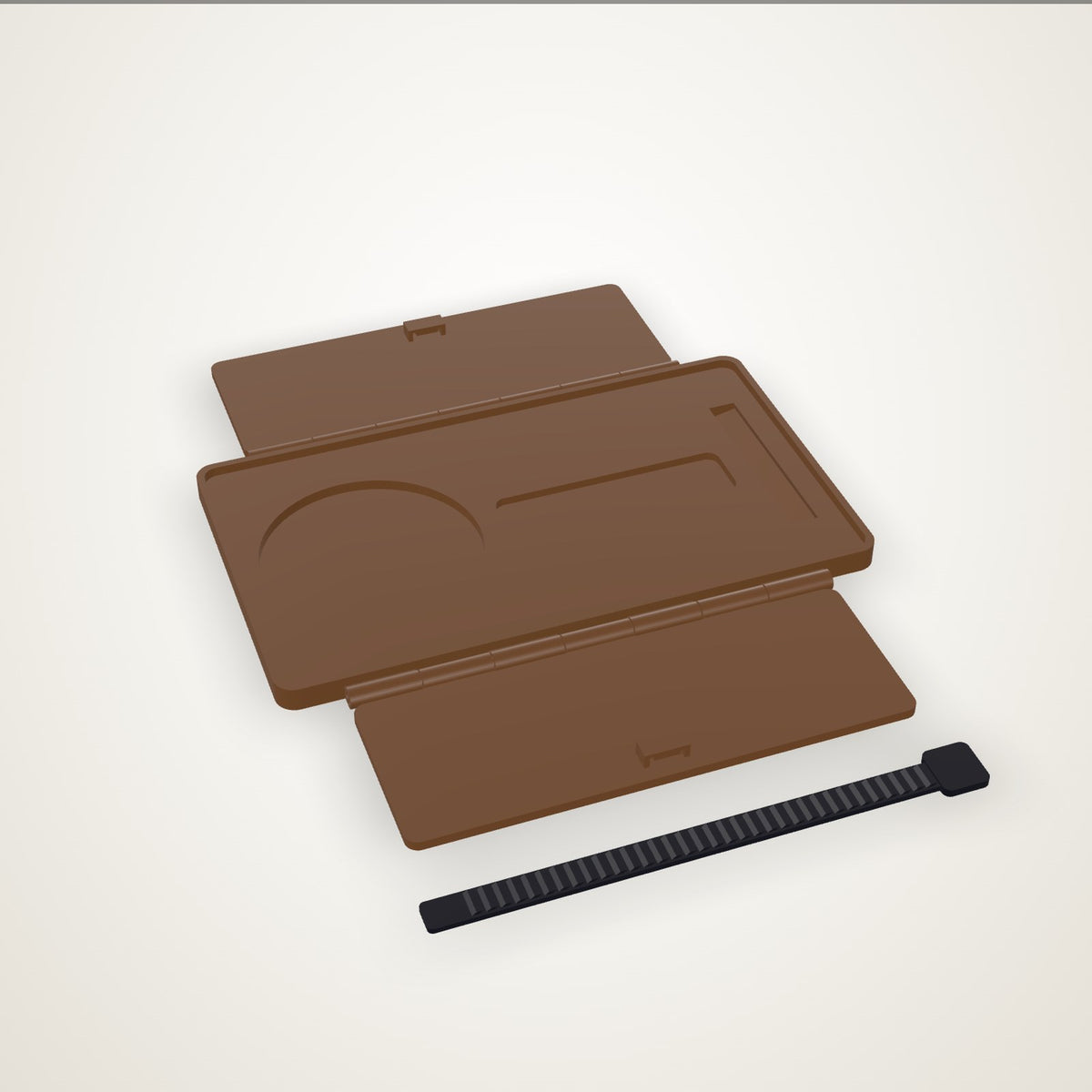 The armrest tray as it prints - the walnut tray with both hinged flaps flat and the black ladder strap beside it