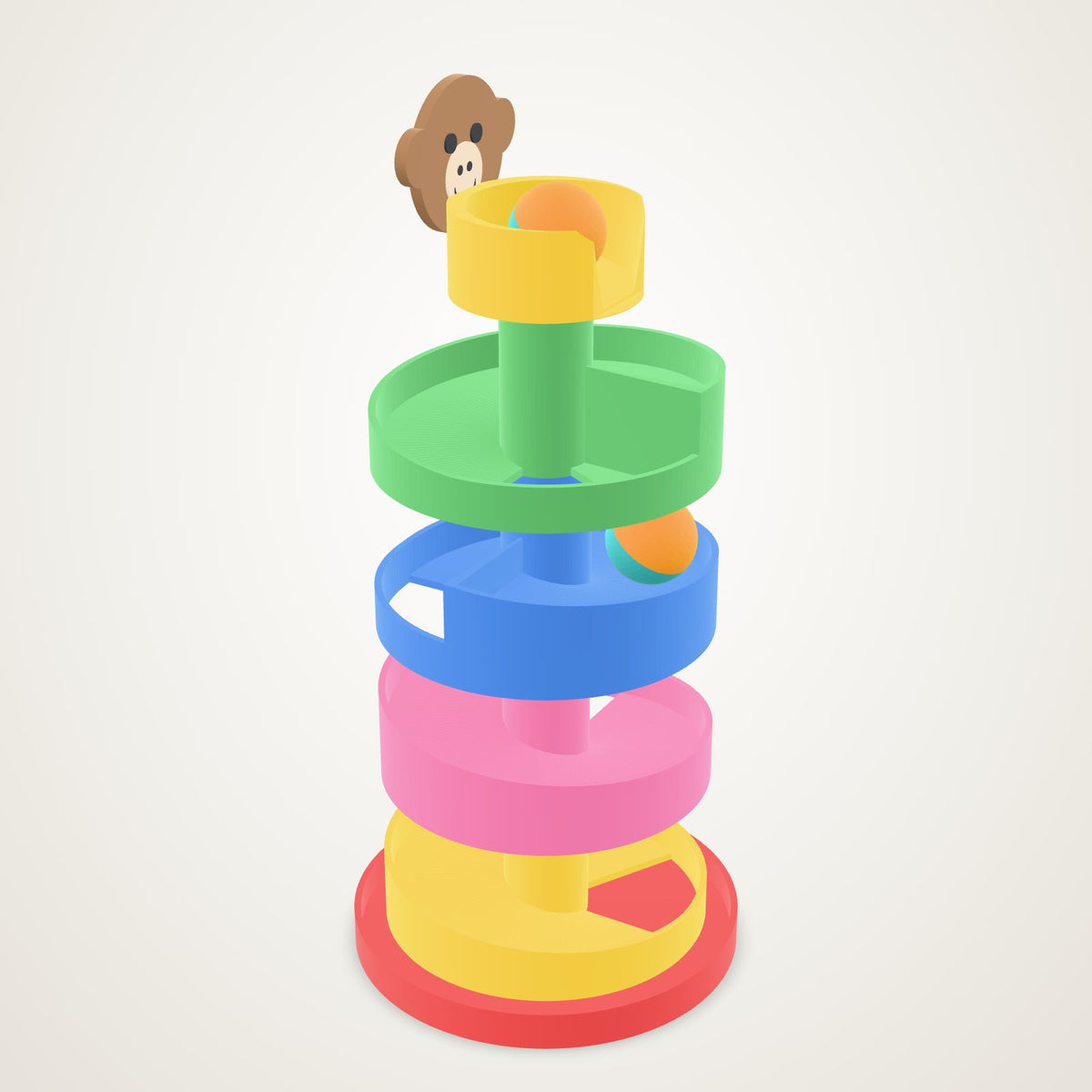 A four-tier ball drop tower in green, blue, pink and yellow on a red base with a monkey face on the yellow bowl and a two-colour ball