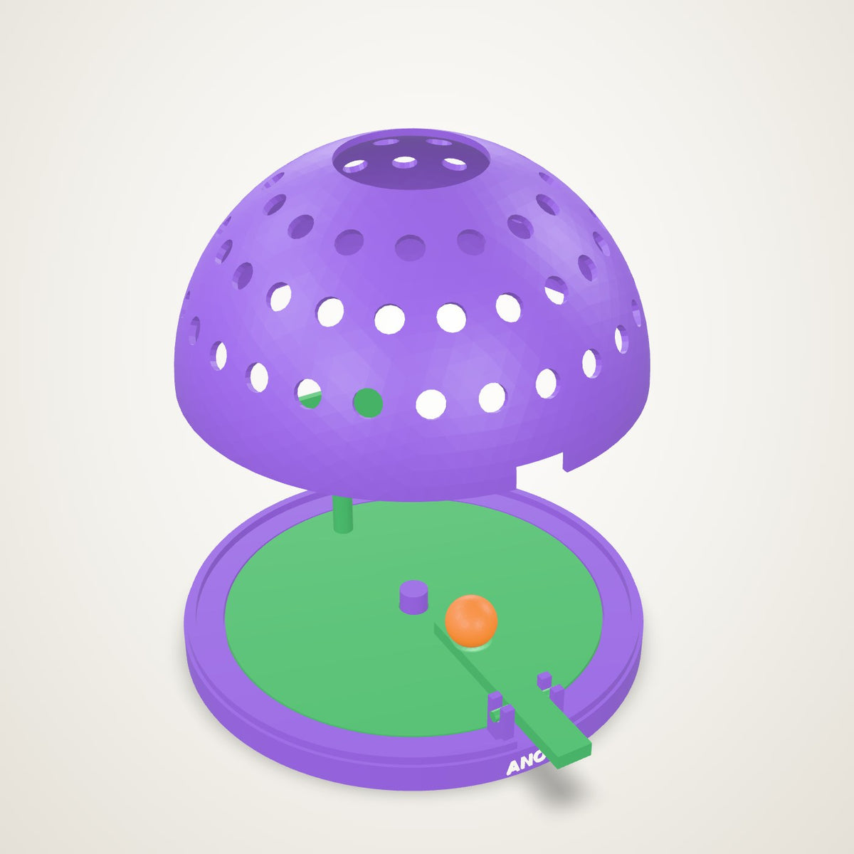 Tabletop Basketball — a purple dome over a green court with a hoop, a lever and an orange ball