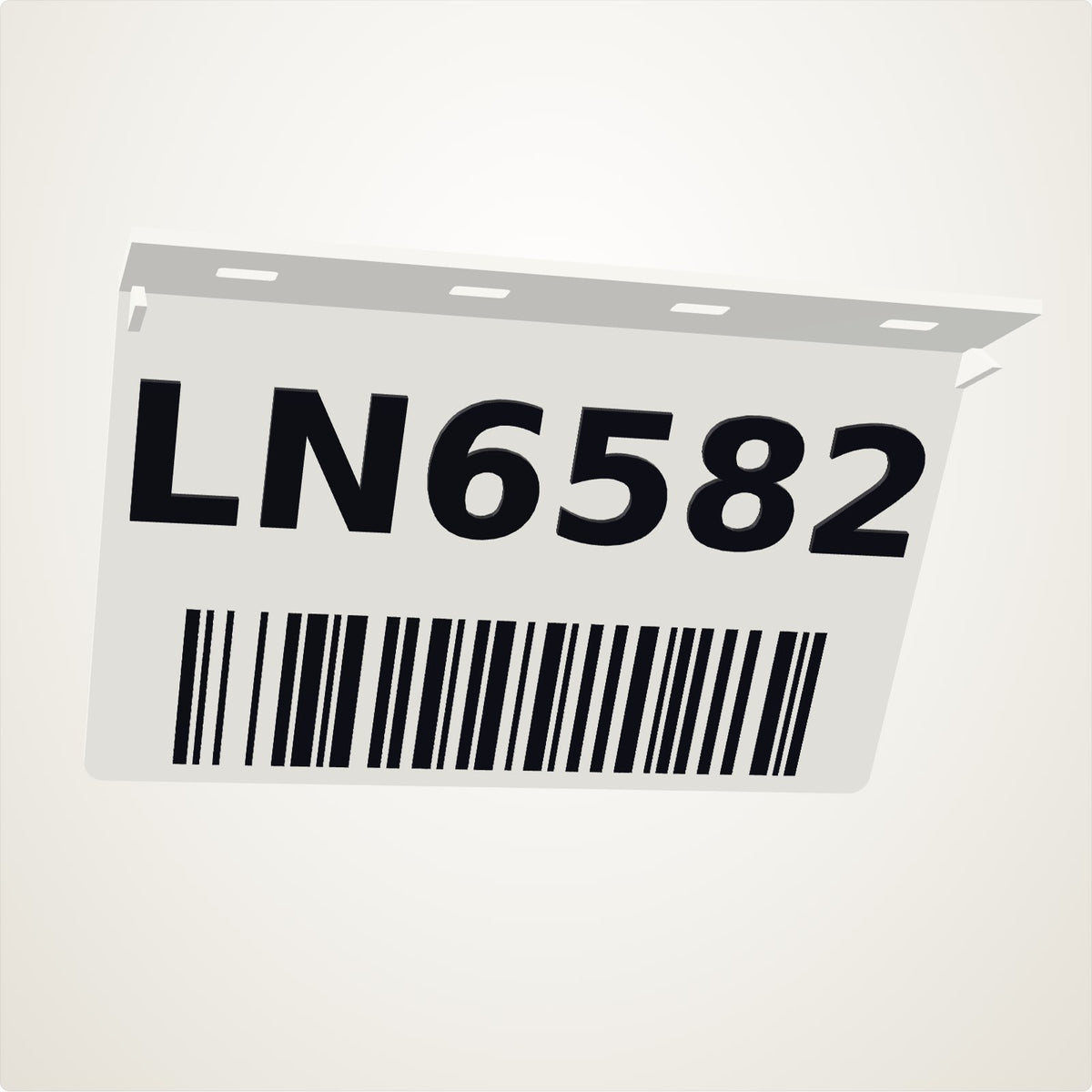 Anoor Bay Sign - LN6582 in raised black on a white face with its Code 128 flush below, hanging from its flange tilted down toward the aisle