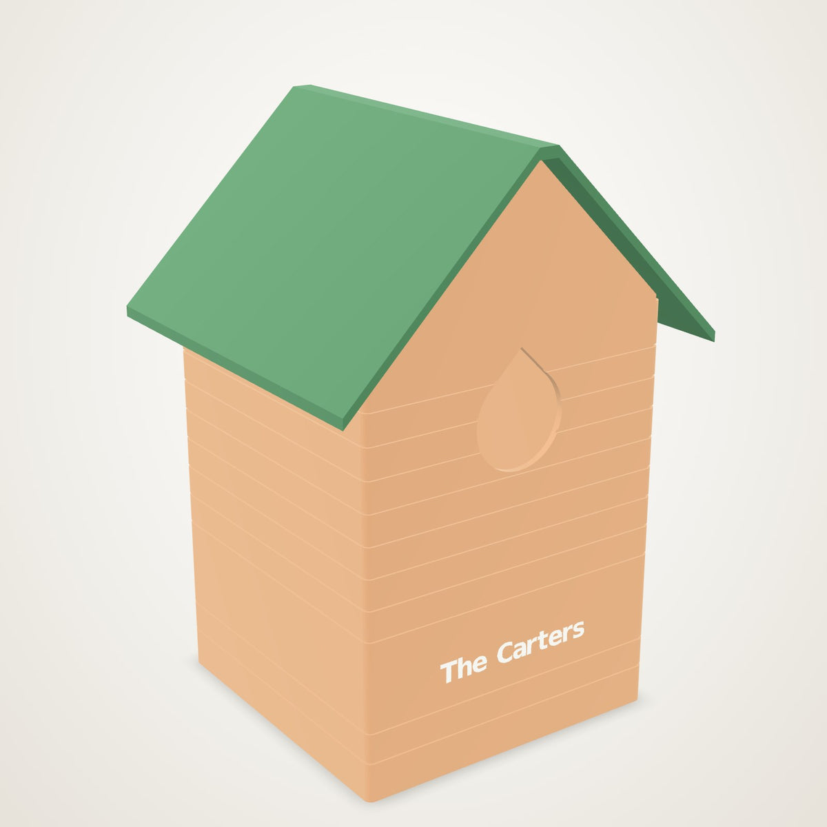 Custom 3D printed bird house: cedar clapboard body, forest-green gabled roof, The Carters inlaid on the front