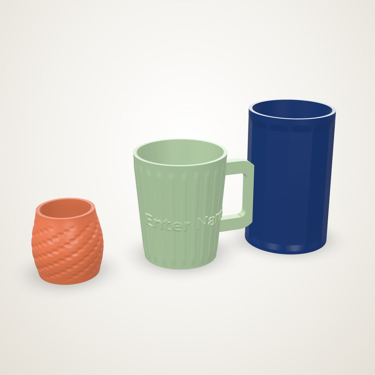 Three PLA Pure cups - a dimpled terracotta espresso, a ribbed sage mug with a name embossed, a faceted navy tumbler