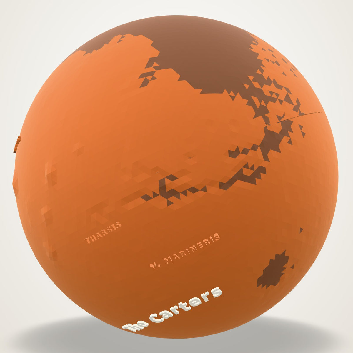 Custom 3D printed Mars globe: rust highlands, umber lowlands, raised region names, The Carters wrapped around the south in ivory