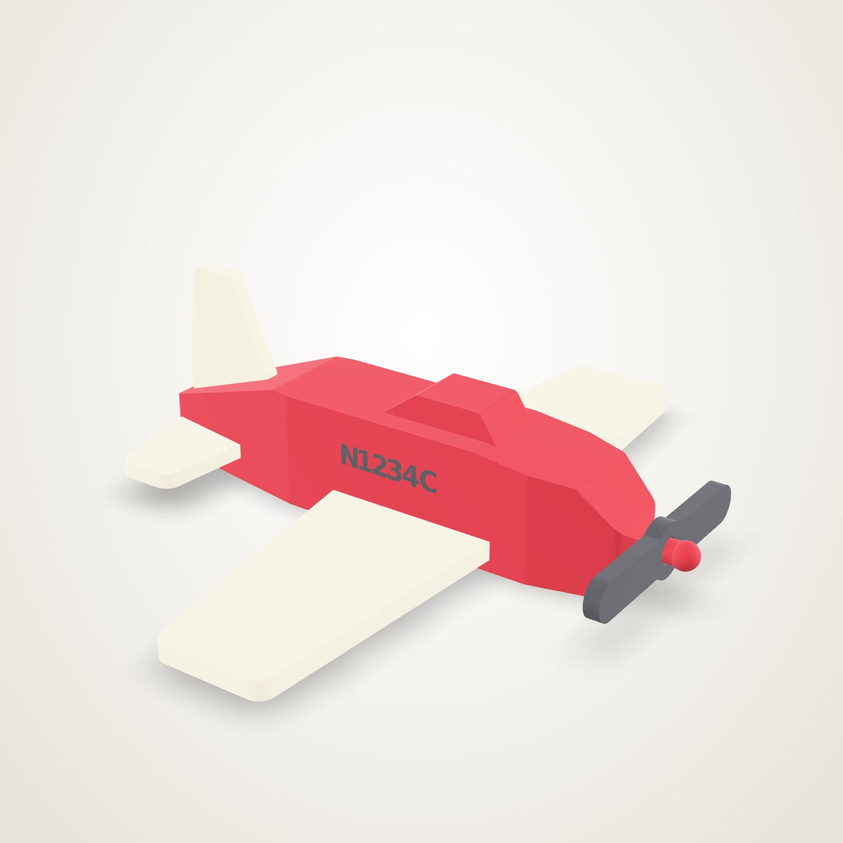 Custom 3D printed plane kit: racing-red fuselage, ivory wings, graphite propeller, N1234C along the side