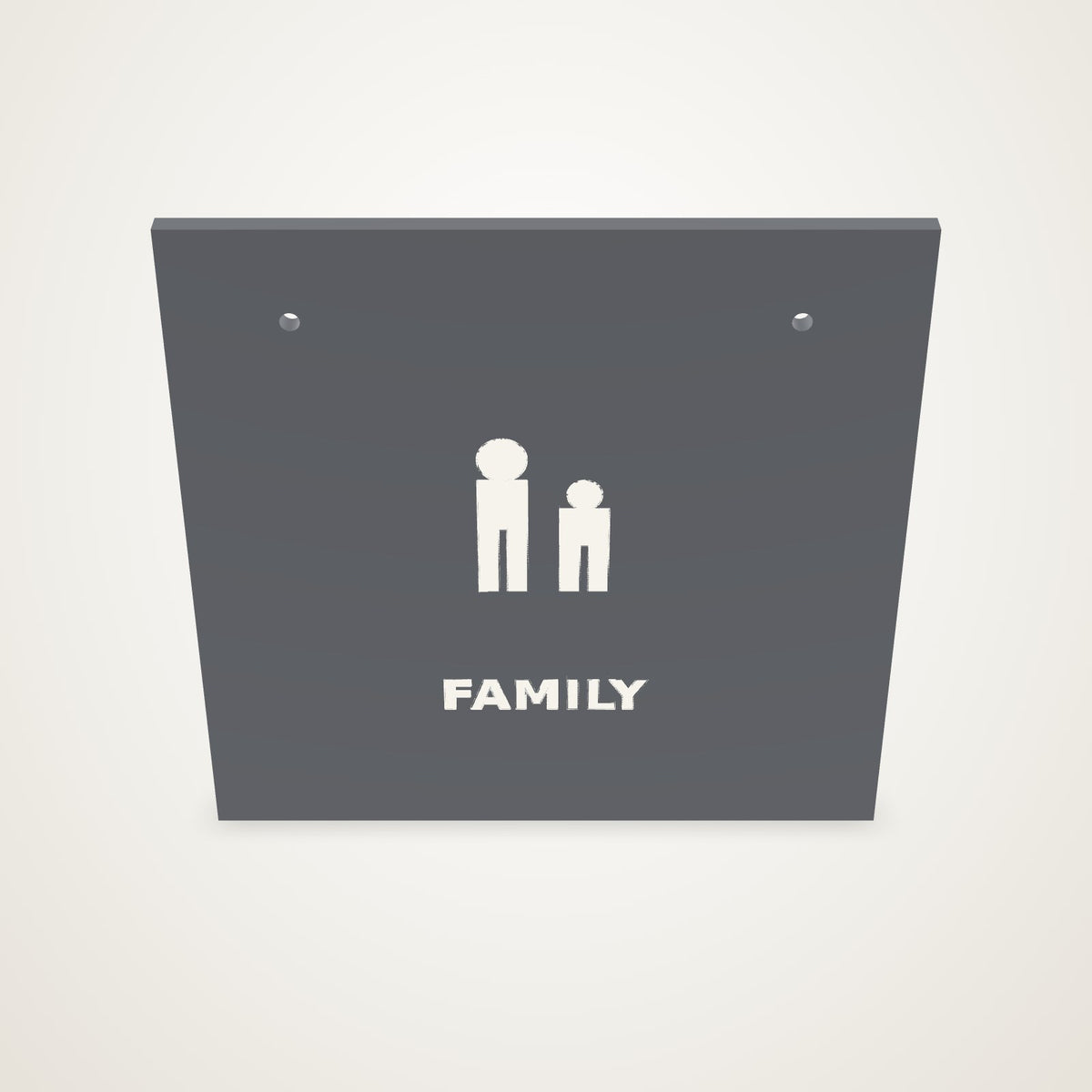 Anoor Restroom Sign - charcoal family restroom sign with figures and wording inlaid in white