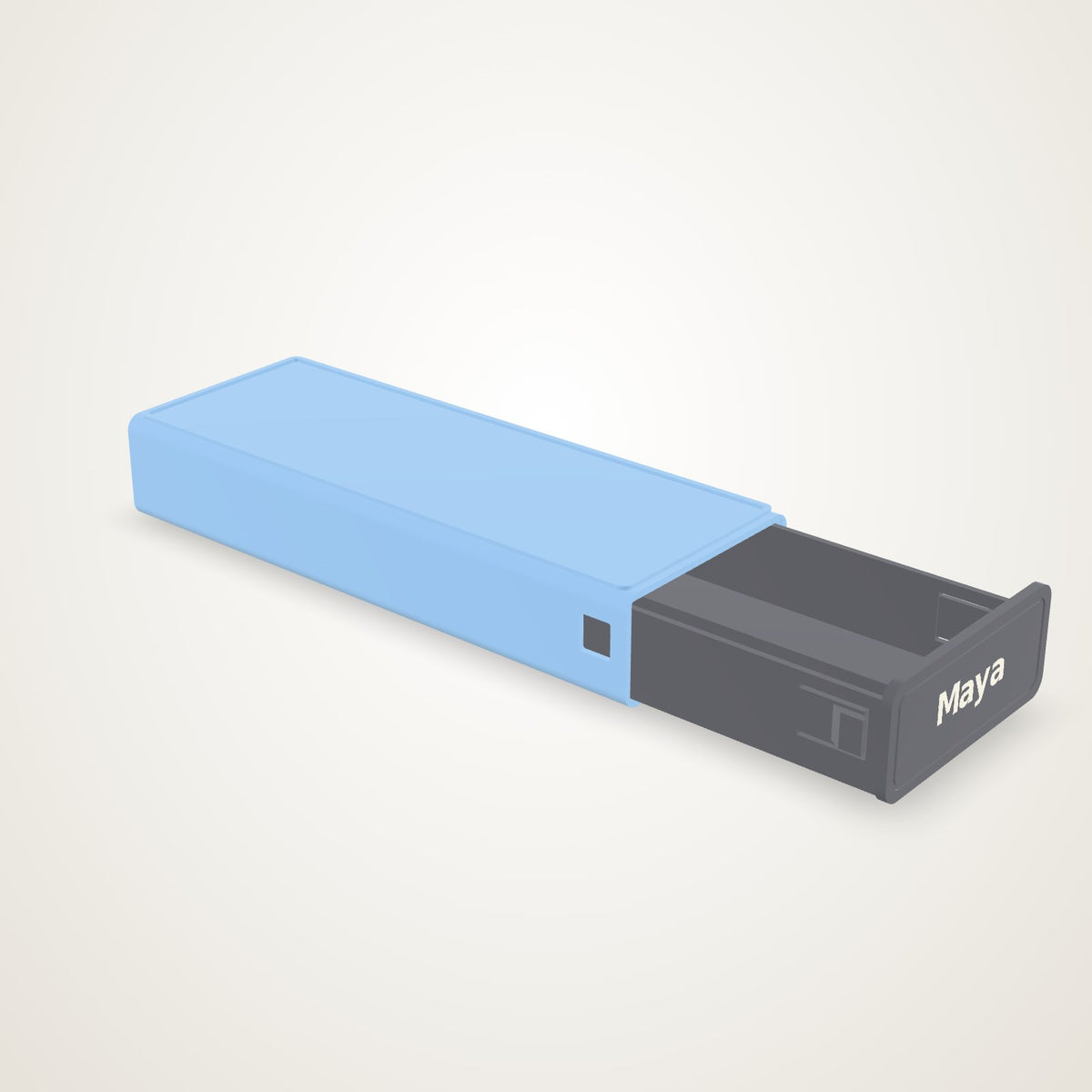 Custom 3D printed slide pencil case: graphite tray slid out of a sky-blue sleeve on its push-button latches, Maya on the faceplate in ivory
