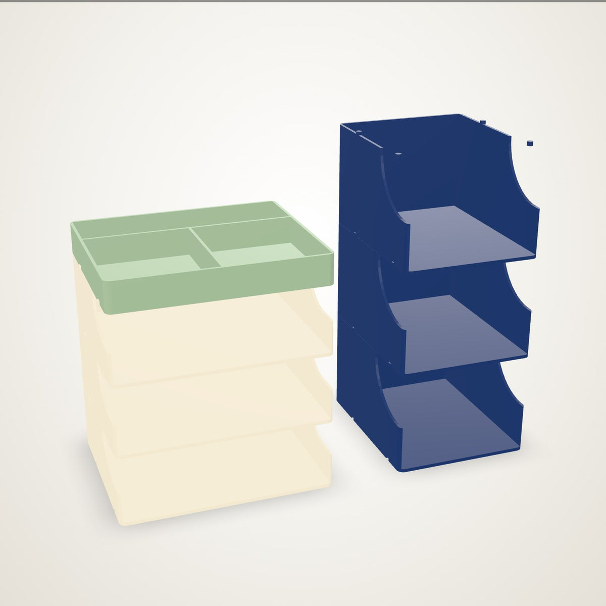Two stacks of open trays - three cream trays with a sage pocketed top, and three tall navy trays