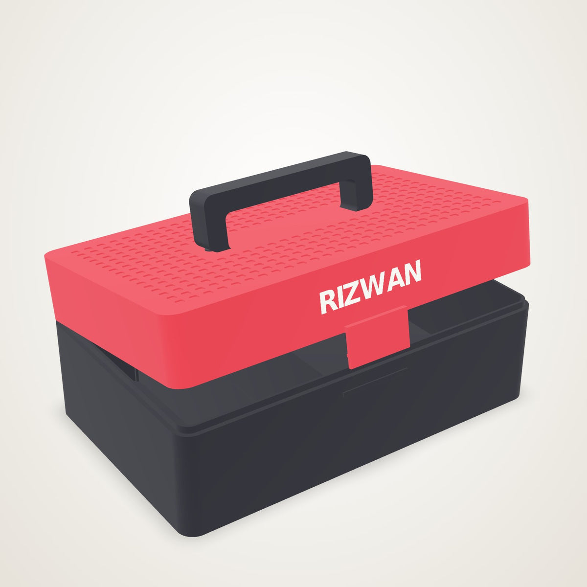 Custom 3D printed toolbox: red dimpled lid, black base, carry handle, RIZWAN inlaid on the front