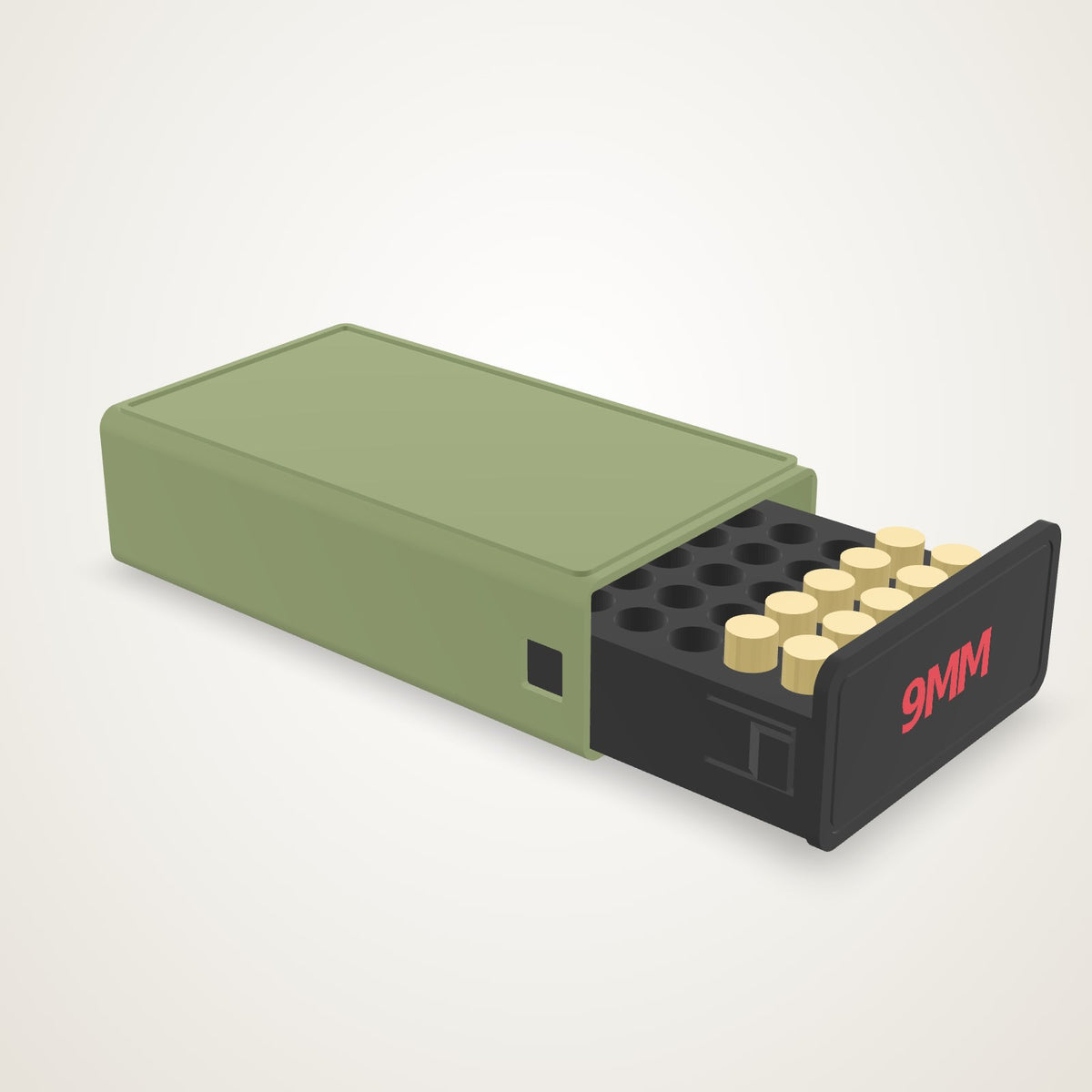 Custom 3D printed 50-round ammo box: OD green sleeve, black drawer slid out on its push-button latches, 9MM in red on the faceplate