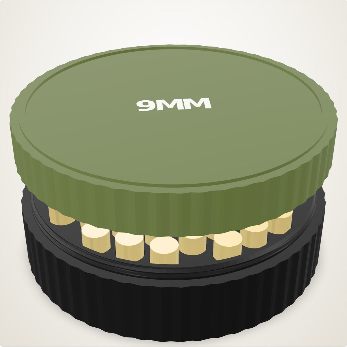 Custom 3D printed ammo capsule: black body, OD green screw-on lid lifted, 9MM in white on top, brass rounds in the pockets
