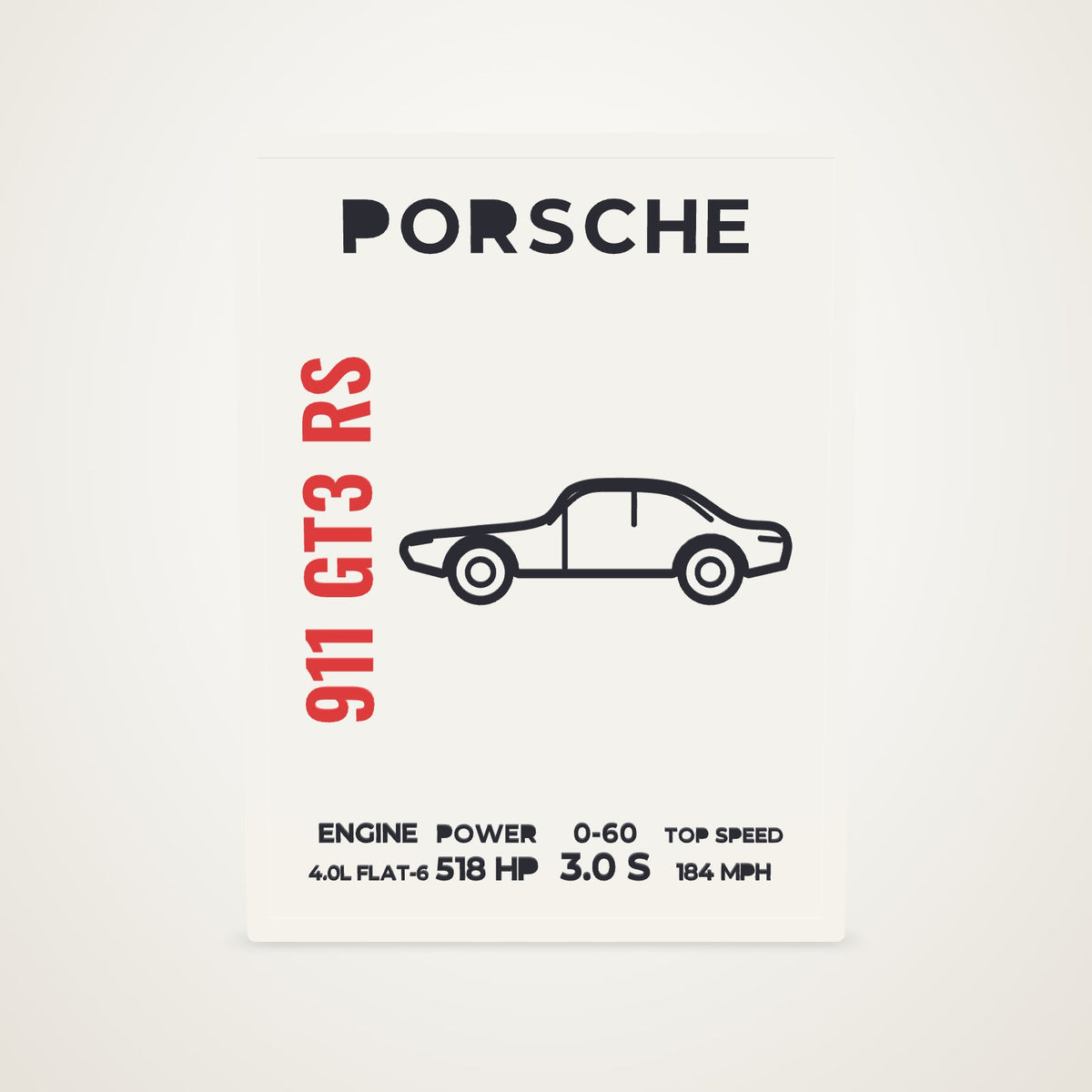 A white 6 x 8 car plaque with a coupe silhouette in black, PORSCHE across the top, 911 GT3 RS up the side in red and a spec strip