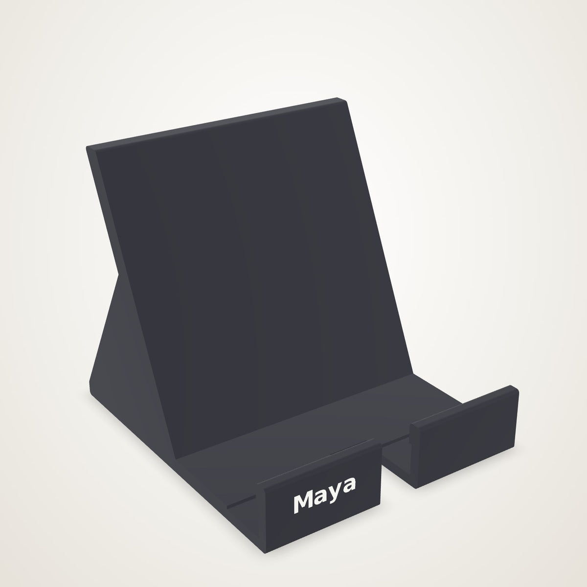 Anoor Desk Stand - black phone cradle with a cable slot and Maya set into the lip