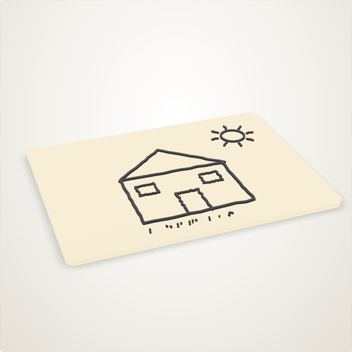 A child's house drawing traced from a photo and 3D printed raised on a cream plaque