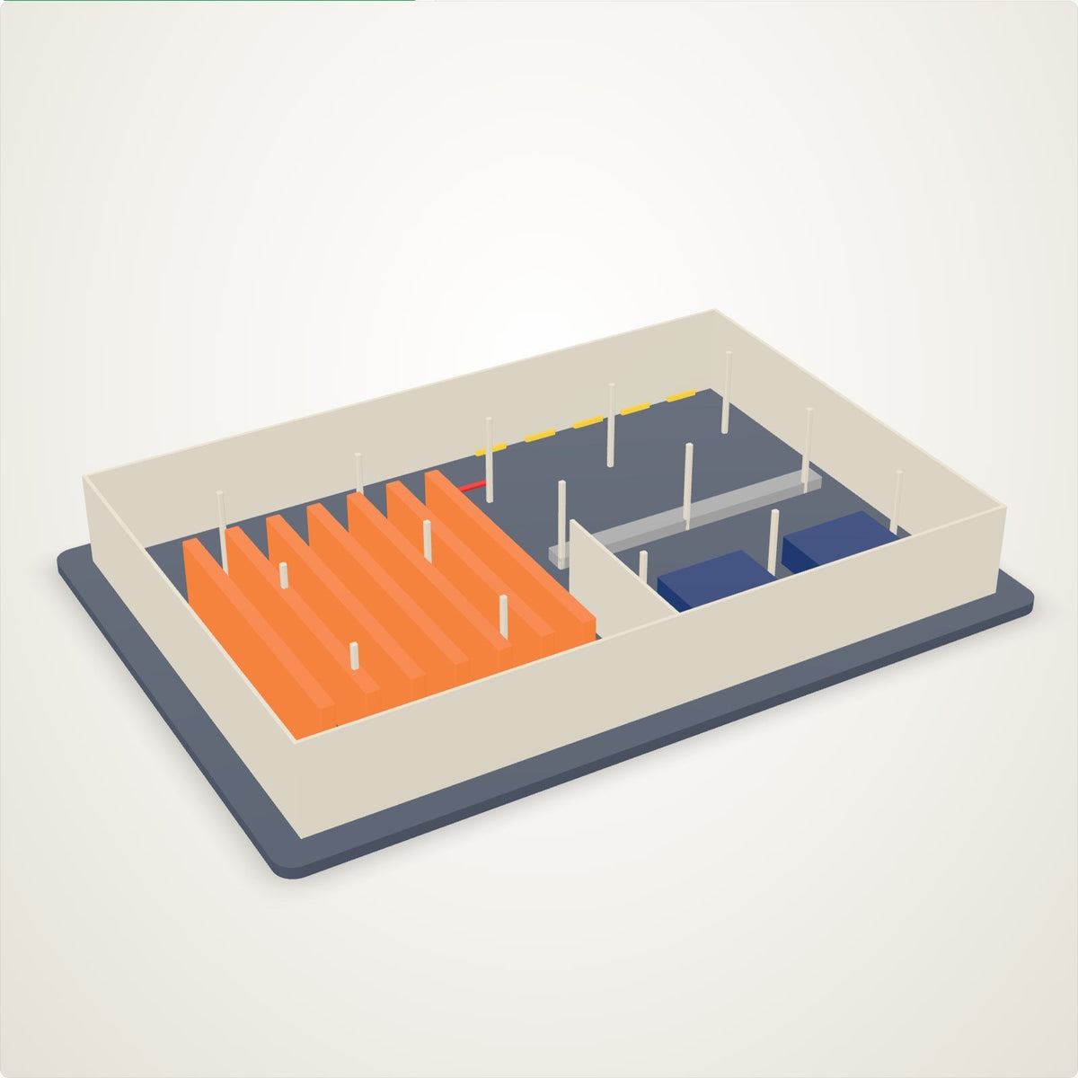A distribution centre layout 3D printed as a scaled model: walls, columns, orange racking, conveyor and docks, each its own color, on a slate base