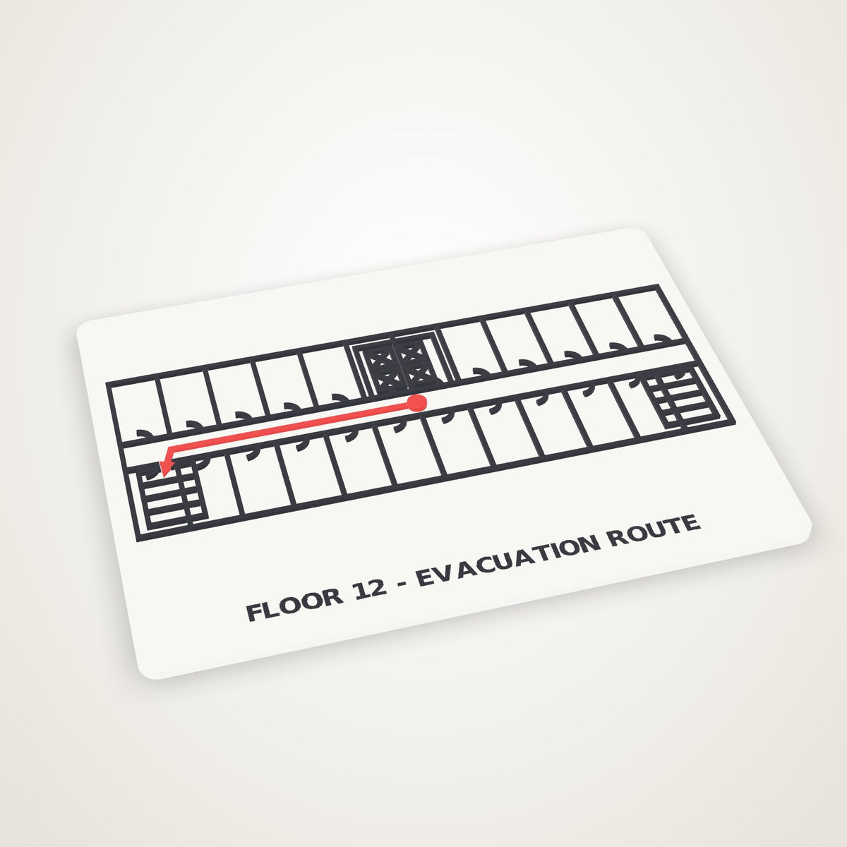 Custom 3D printed floor plan plaque: an office floor with raised black walls on white, the evacuation route and you-are-here dot in safety red, FLOOR 12 - EVACUATION ROUTE along the bottom