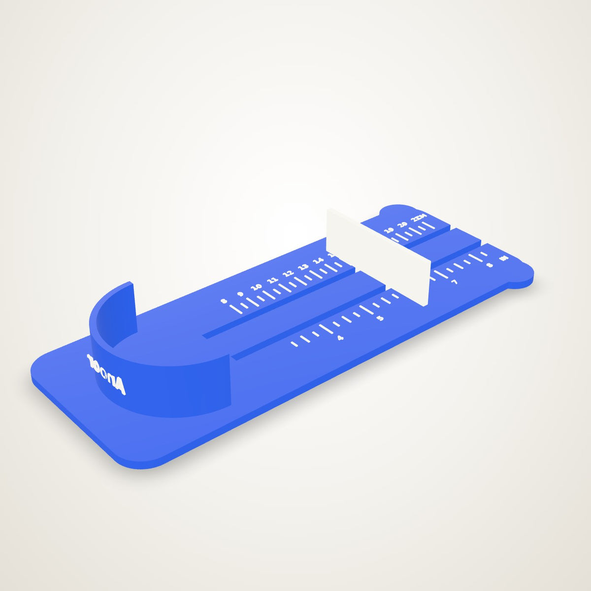 Foot Gauge — a blue bear-shaped plate with a scale and a sliding toe stop