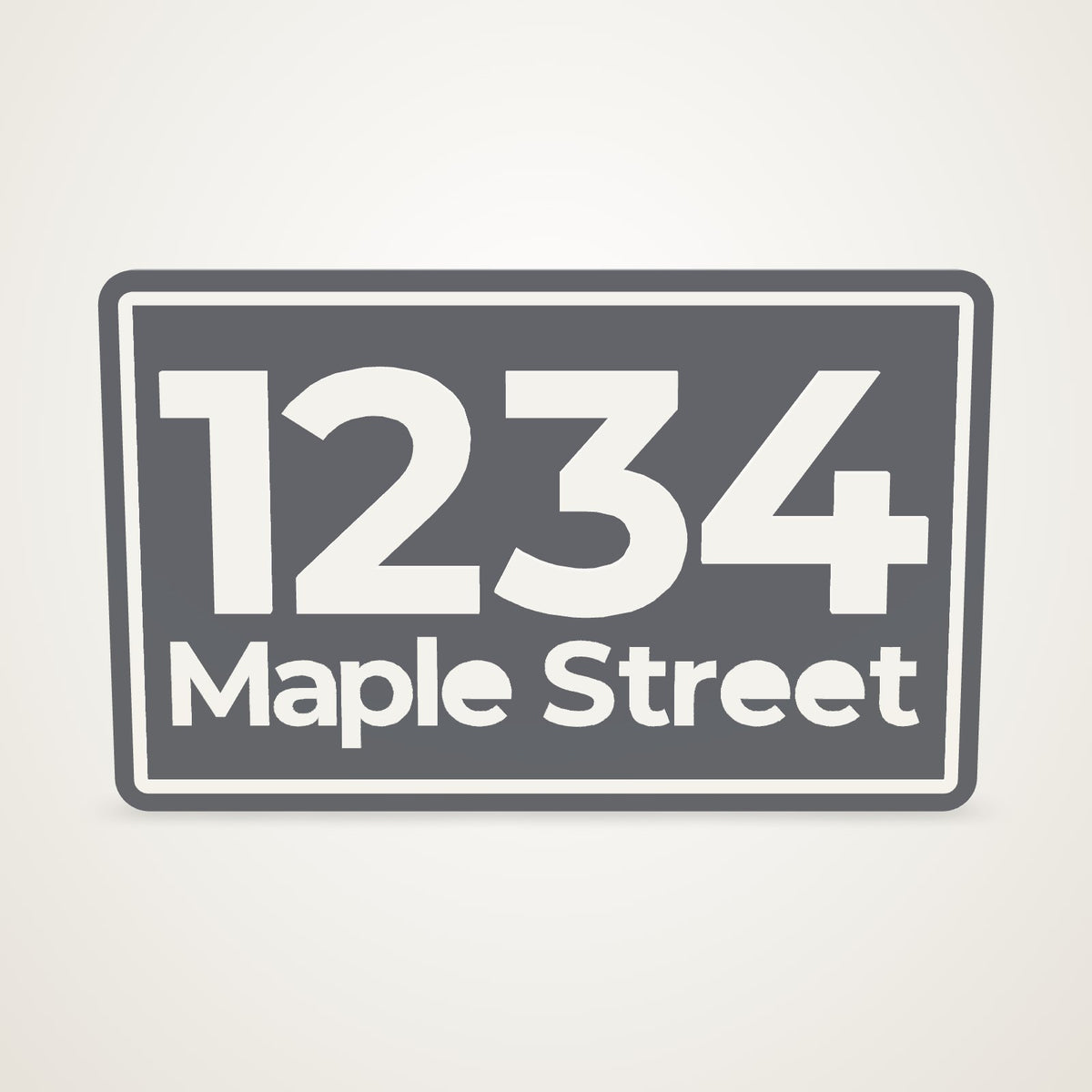 A charcoal 8 x 5 in house number plaque with 1234 raised in white over Maple Street and a raised border