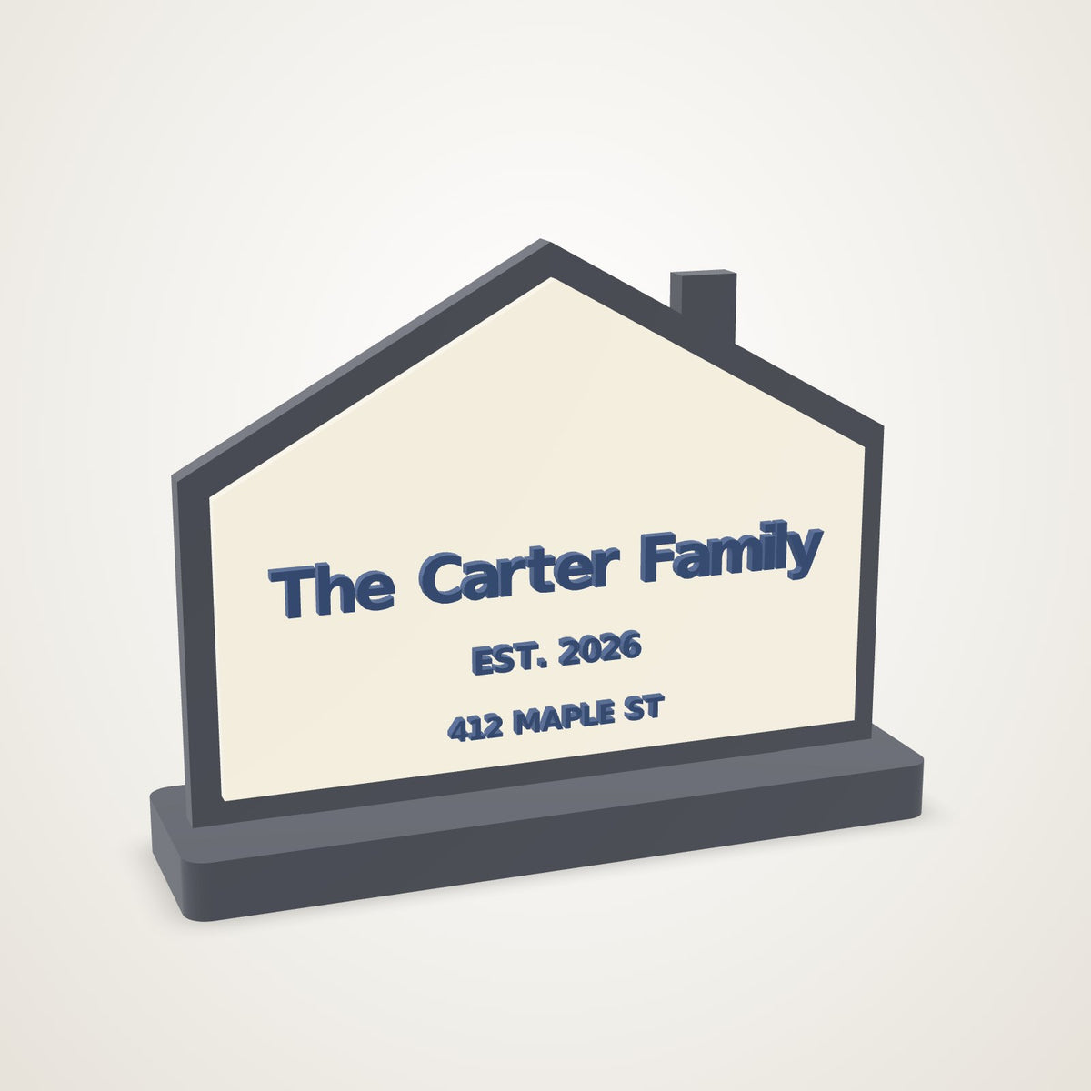 Anoor House Plaque - gable house silhouette with the family name, EST. 2026 and address raised in navy on ivory, charcoal back and base