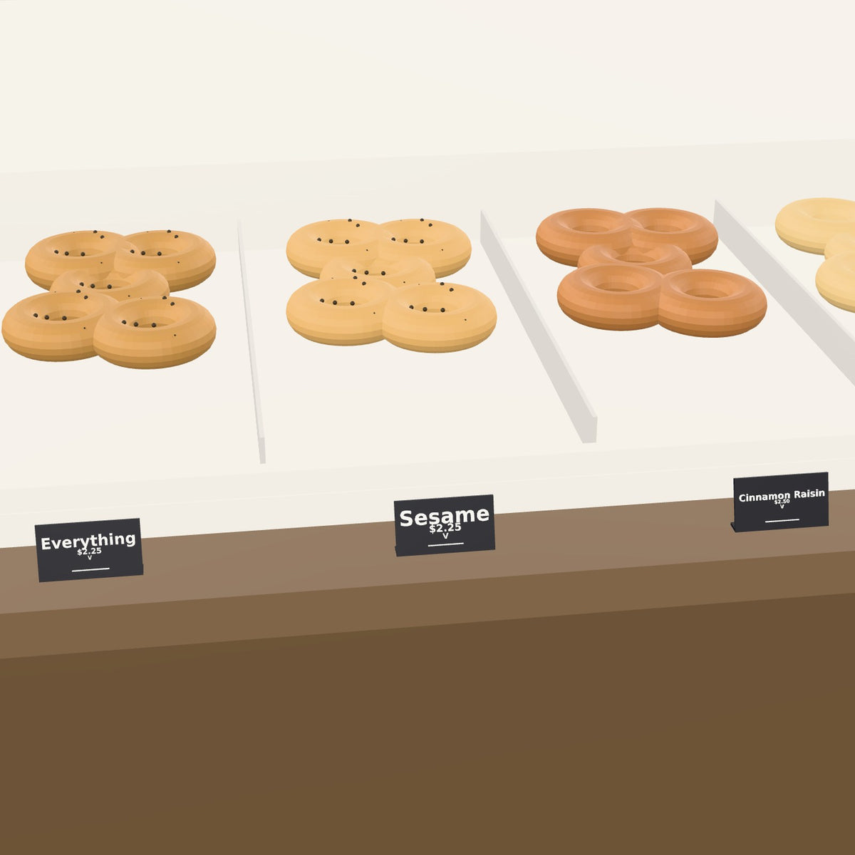 Menu tags on a bagel shop counter, one in front of each bin: Everything, Sesame, Cinnamon Raisin with prices
