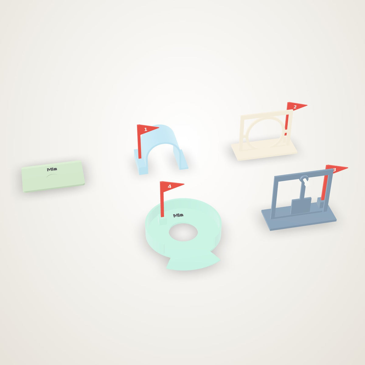 A four-hole mini golf set: tee mat, tunnel, hoop gate, pendulum gate and cup ring, each with a numbered red flag
