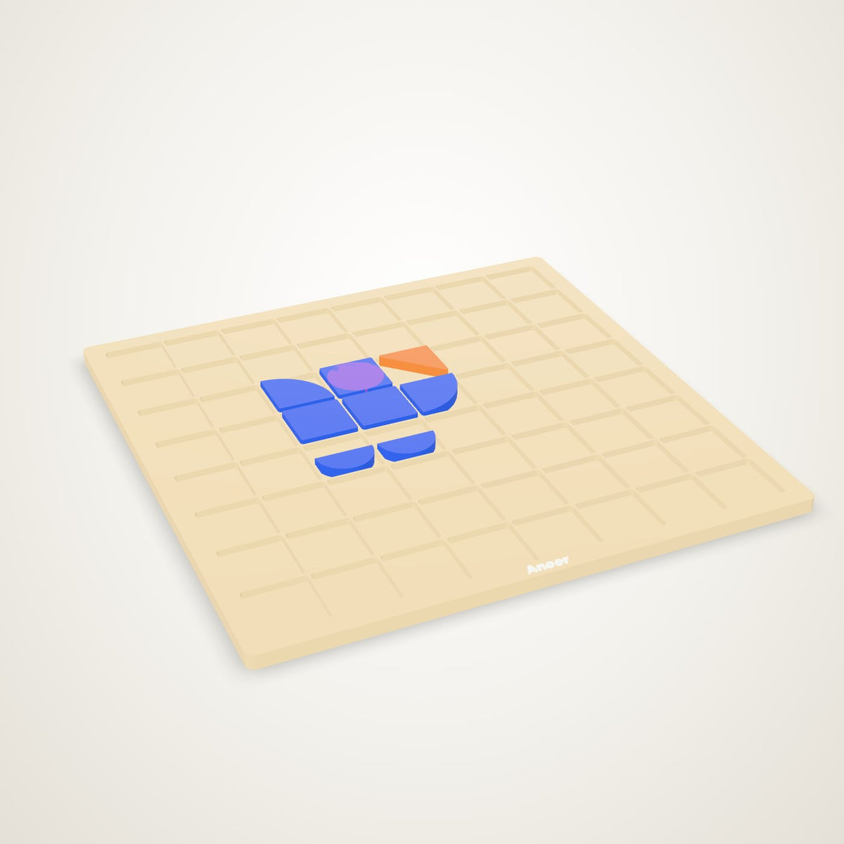Mosaic Board — an 8 by 8 tray of wells with shaped tiles seated in it