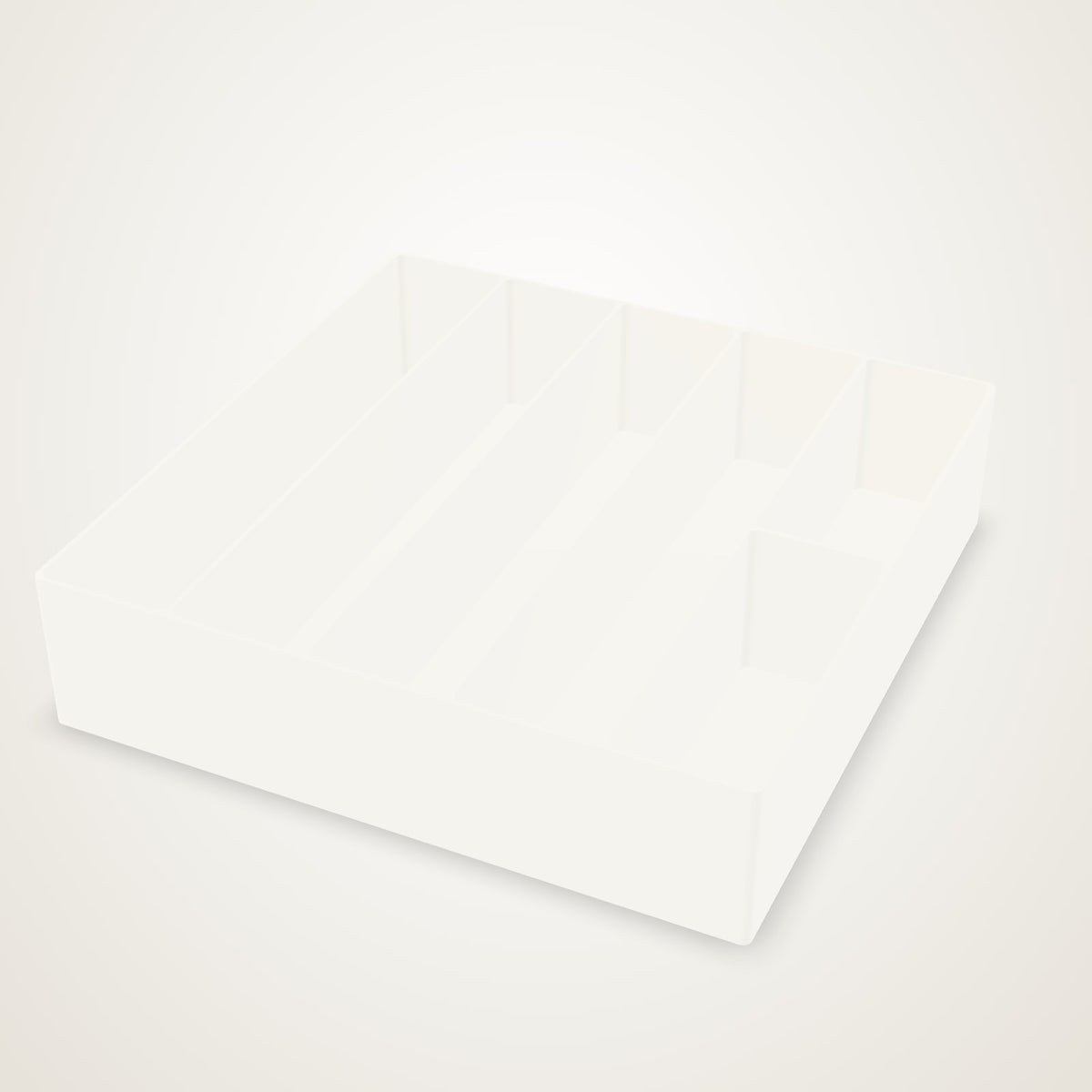 A white silverware drawer organizer with five long slots, the last one halved, made to a 230 x 230 mm drawer