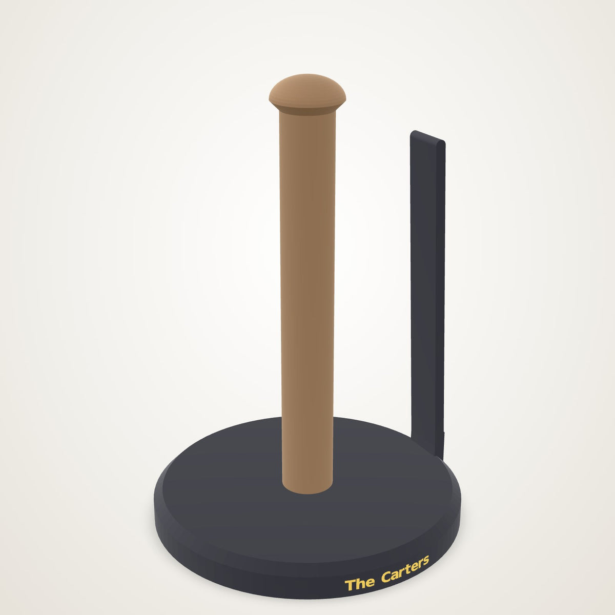 Custom 3D printed paper towel holder: black chamfered base with tension arm, walnut domed post, The Carters wrapped around the base in gold