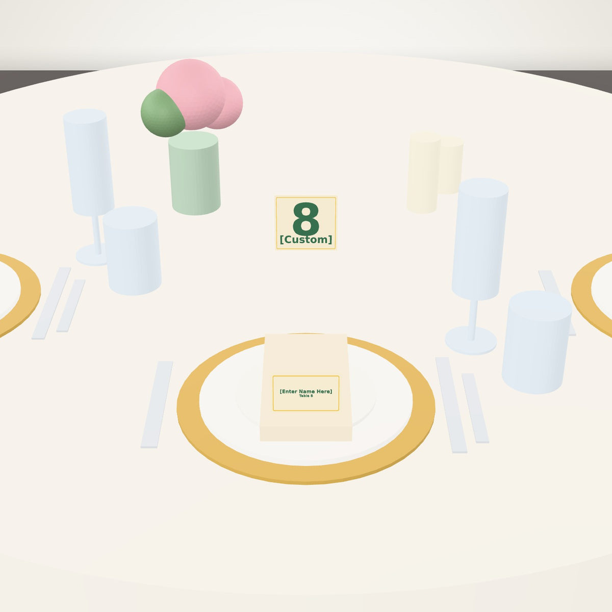 Place cards on a set wedding table with the table number behind