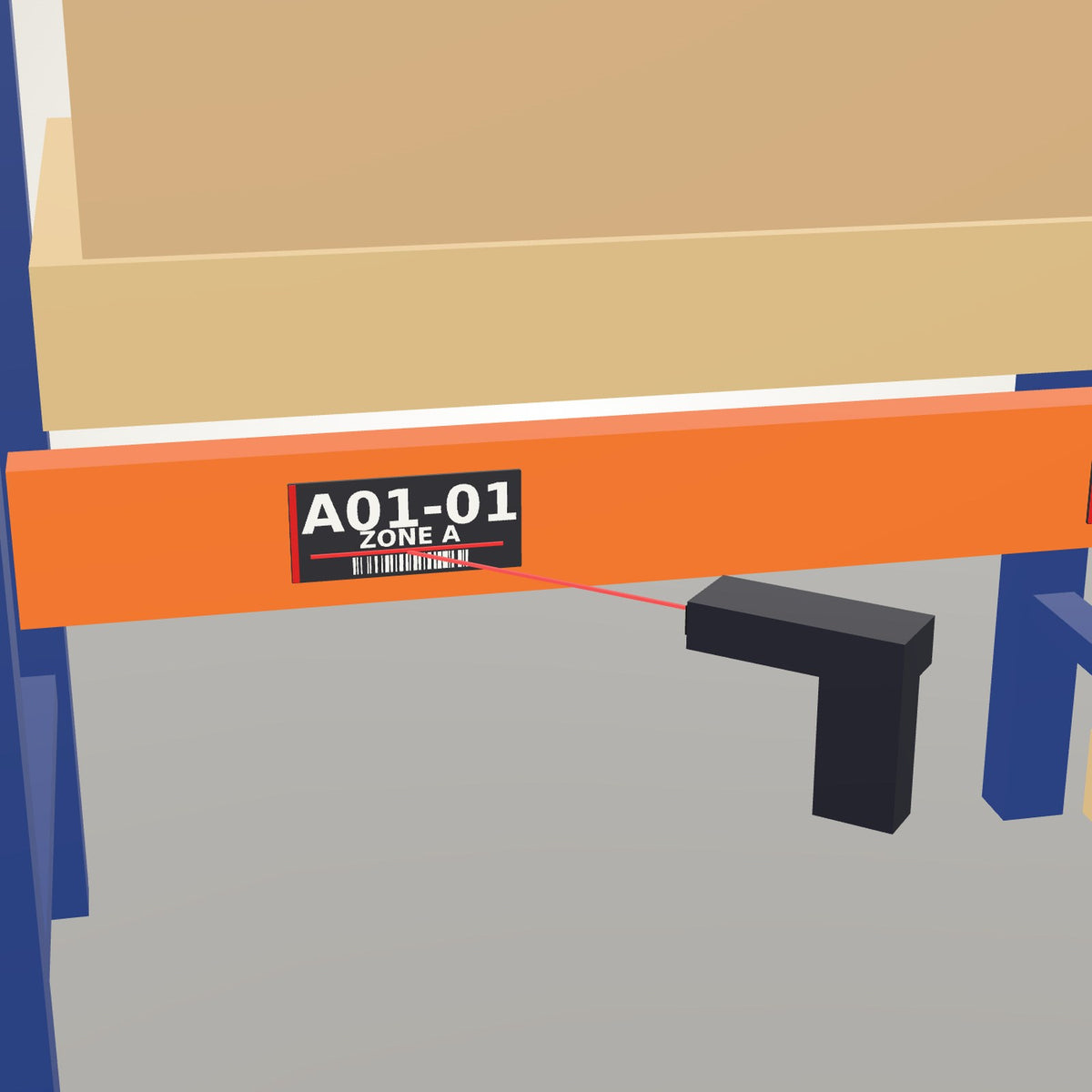 Rack labels on a pallet rack beam, a scanner reading the barcode