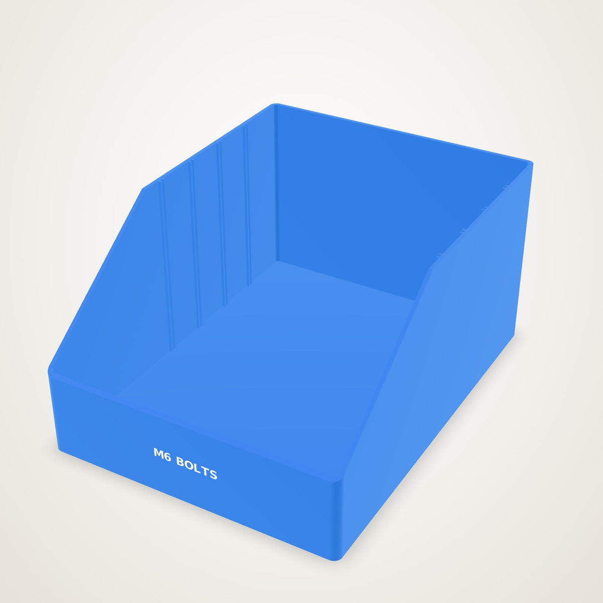 Anoor Shelf Bin - blue open-front hopper bin with M6 BOLTS printed into the front lip and divider slots inside