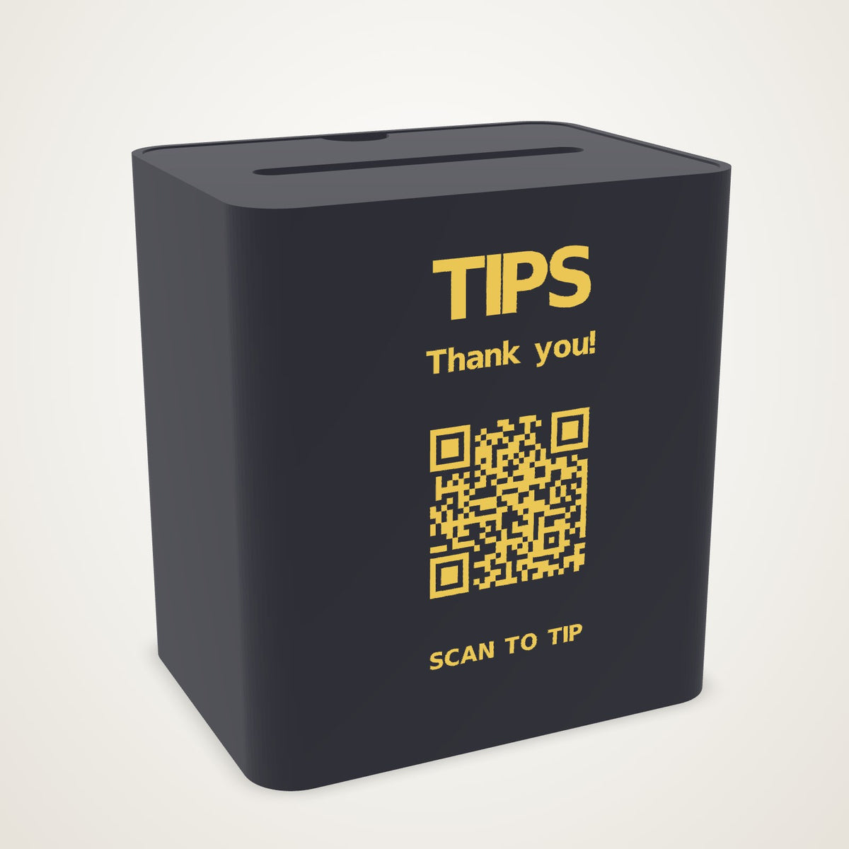 Custom 3D printed tip jar: black box with slotted lid, TIPS, Thank you!, a Venmo QR code and SCAN TO TIP in gold