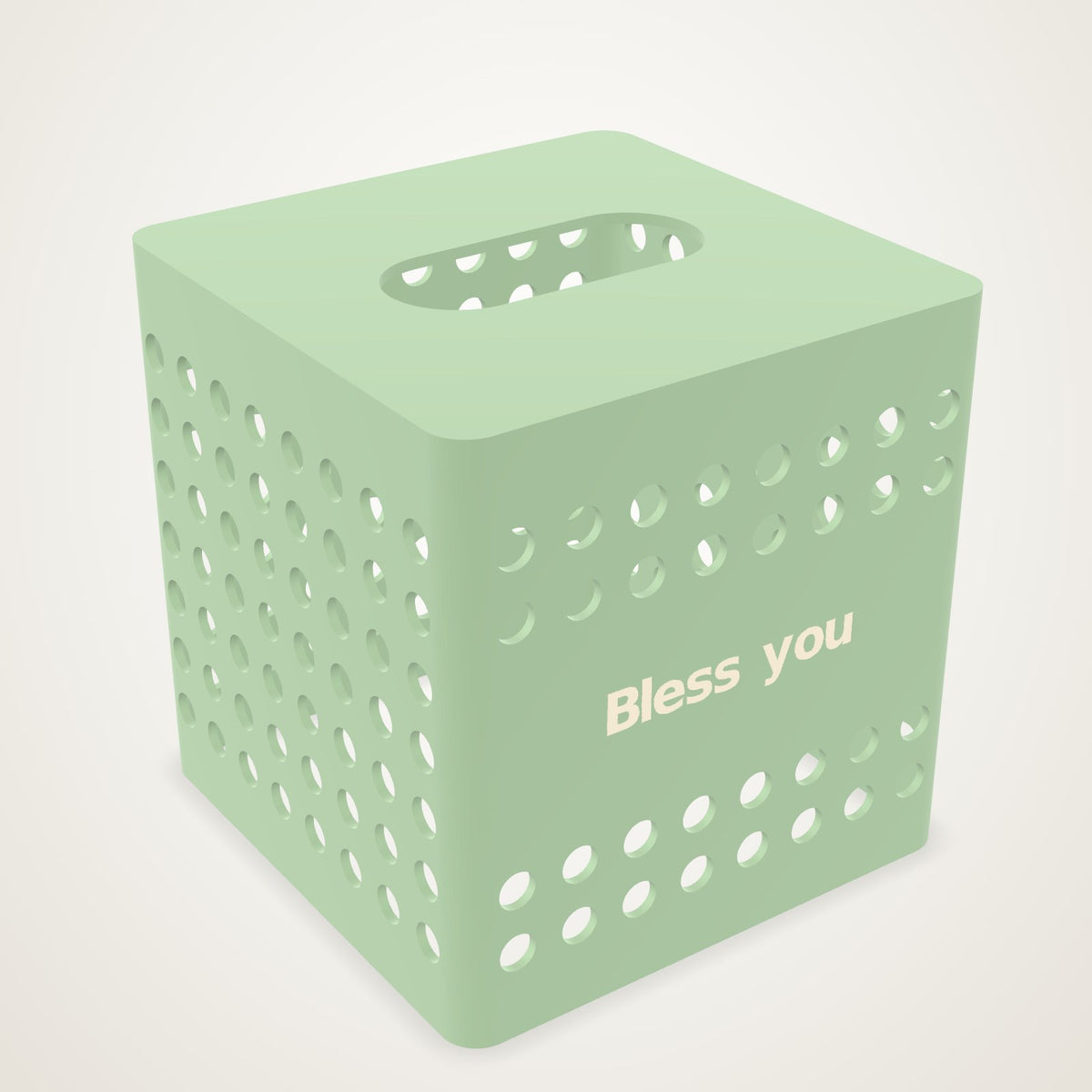 Custom 3D printed tissue box cover: sage cube with dots cut through the sides, Bless you inlaid on the front in cream