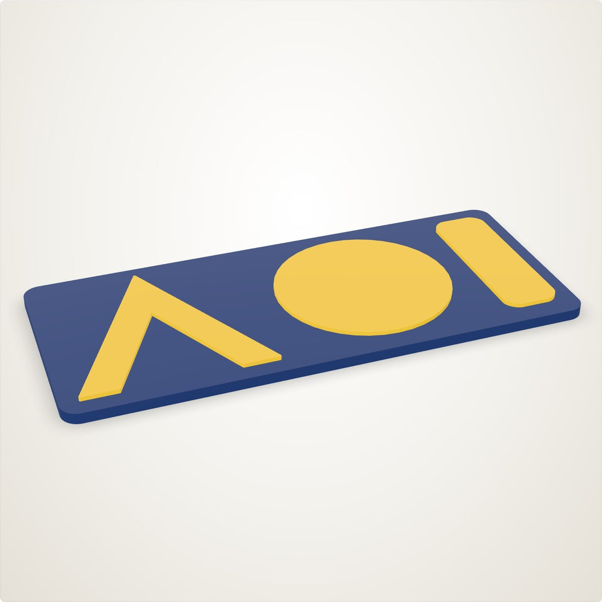 A logo mark 3D printed as a plaque: the artwork raised in gold on a navy plate