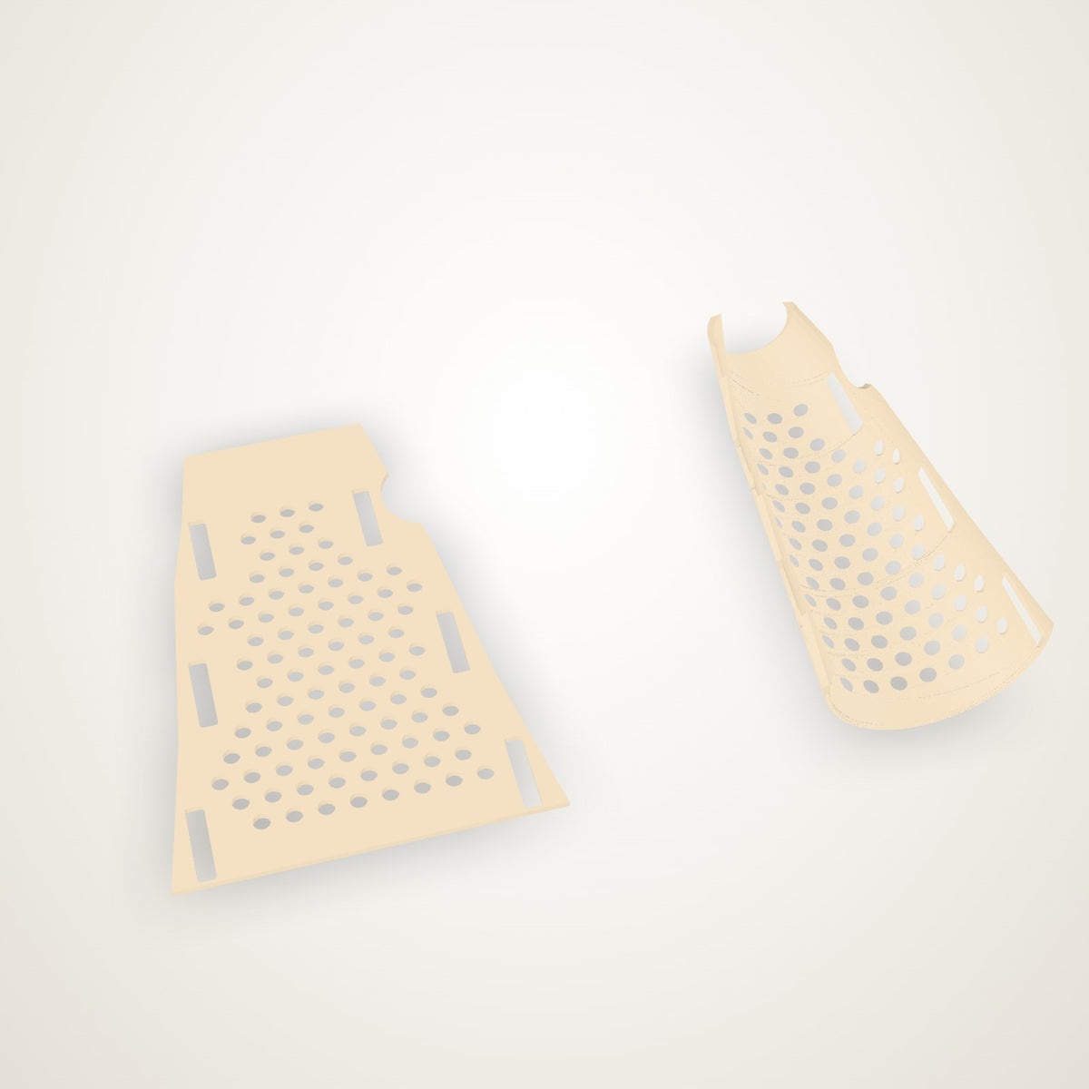 The wrist splint pattern flat as it prints, and beside it curved as it sits once moulded on the forearm